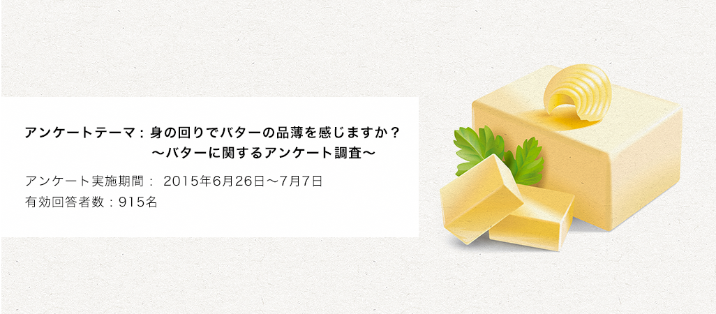 アンケートテーマ:「バターの品薄」に関する消費者の意識を明らかにする アンケート実施期間:2015年6月26日~7月7日 有効回答数:915名